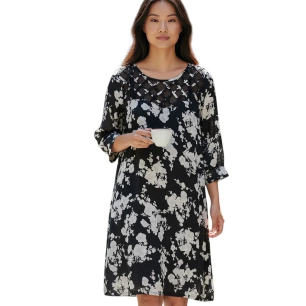 BLACK & GRAY FLORAL DRESS SZ. M EUC.